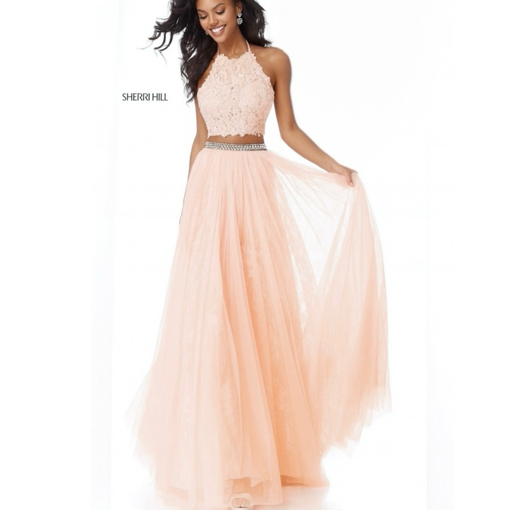 Sherri Hill (SIZE 4) Blush Pink Bedazzled 2-Pc Skirt Crop Dress